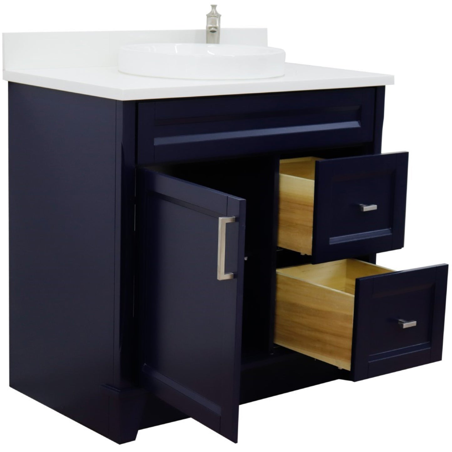 37" Single sink vanity in Blue finish with White engineered stone and Left door/Round Center sink