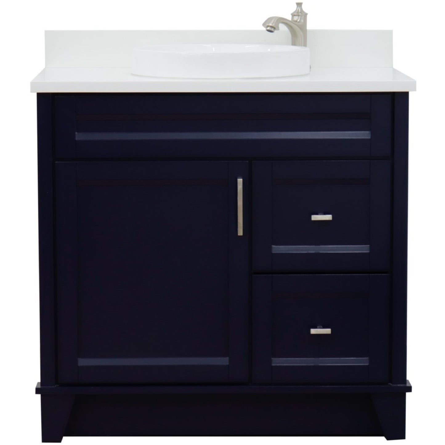 37" Single sink vanity in Blue finish with White engineered stone and Left door/Round Center sink
