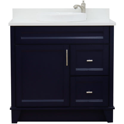 37" Single sink vanity in Blue finish with White engineered stone and Left door/Round Center sink