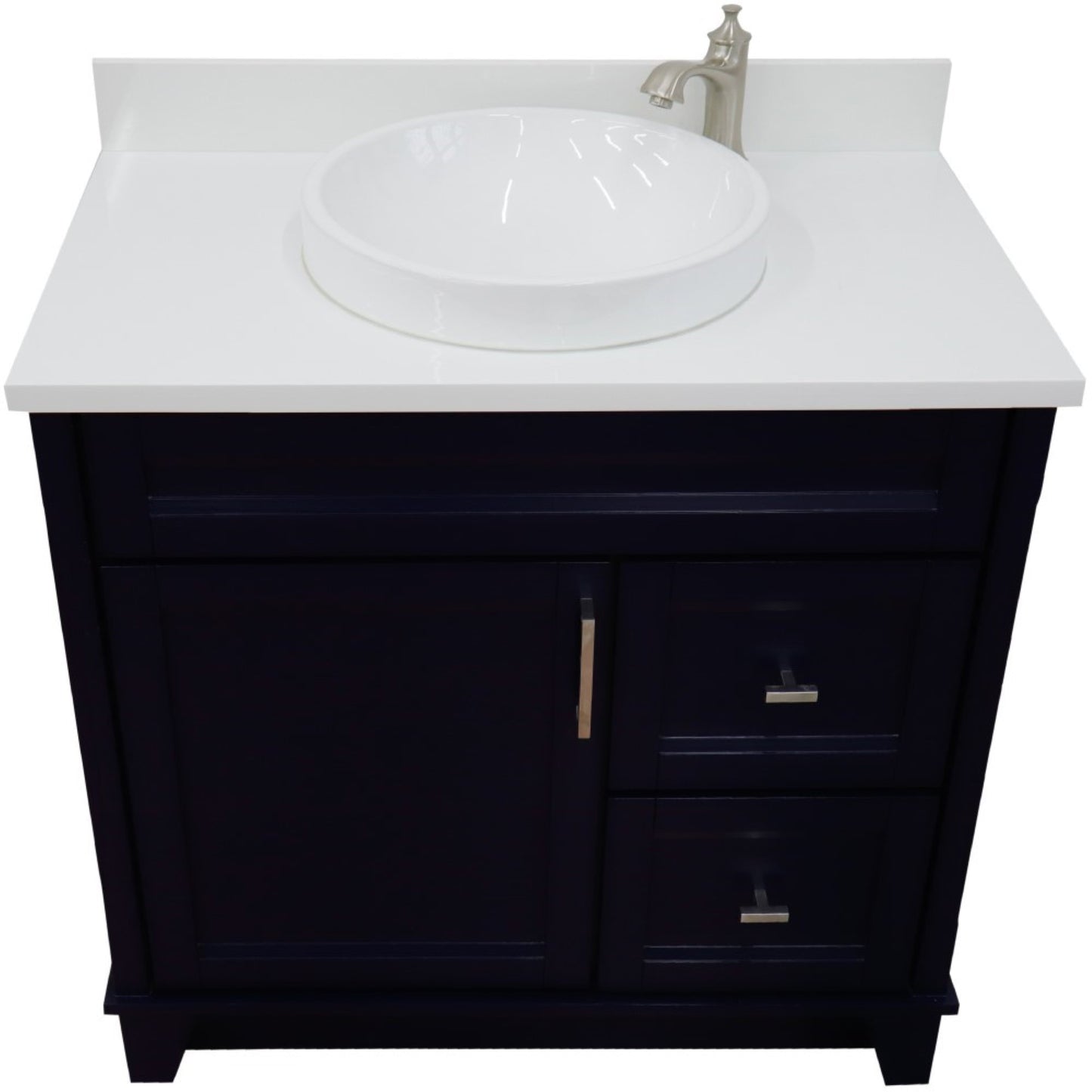 37" Single sink vanity in Blue finish with White engineered stone and Left door/Round Center sink