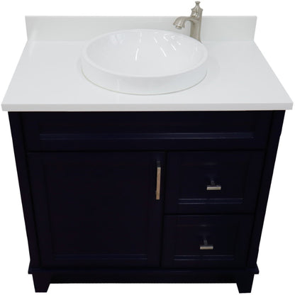 37" Single sink vanity in Blue finish with White engineered stone and Left door/Round Center sink