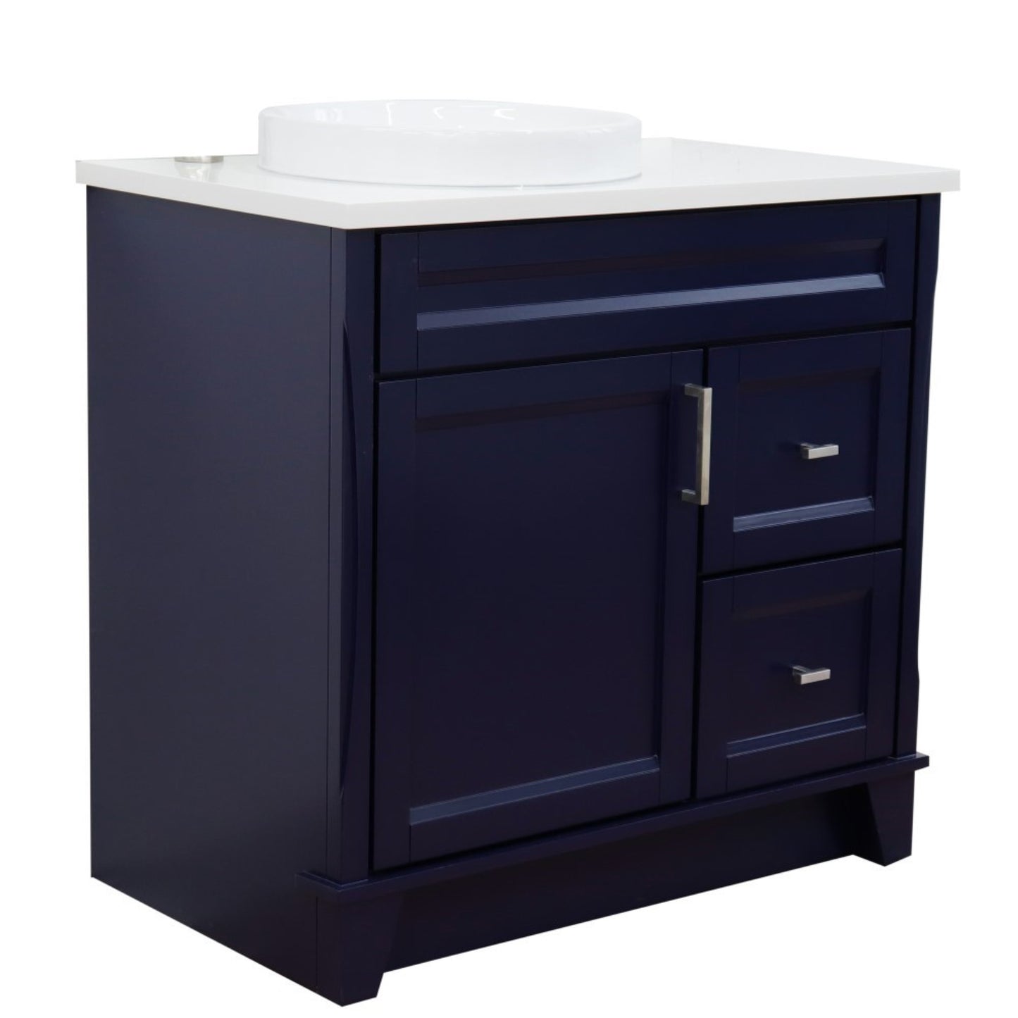 37" Single sink vanity in Blue finish with White engineered stone and Left door/Round Left sink