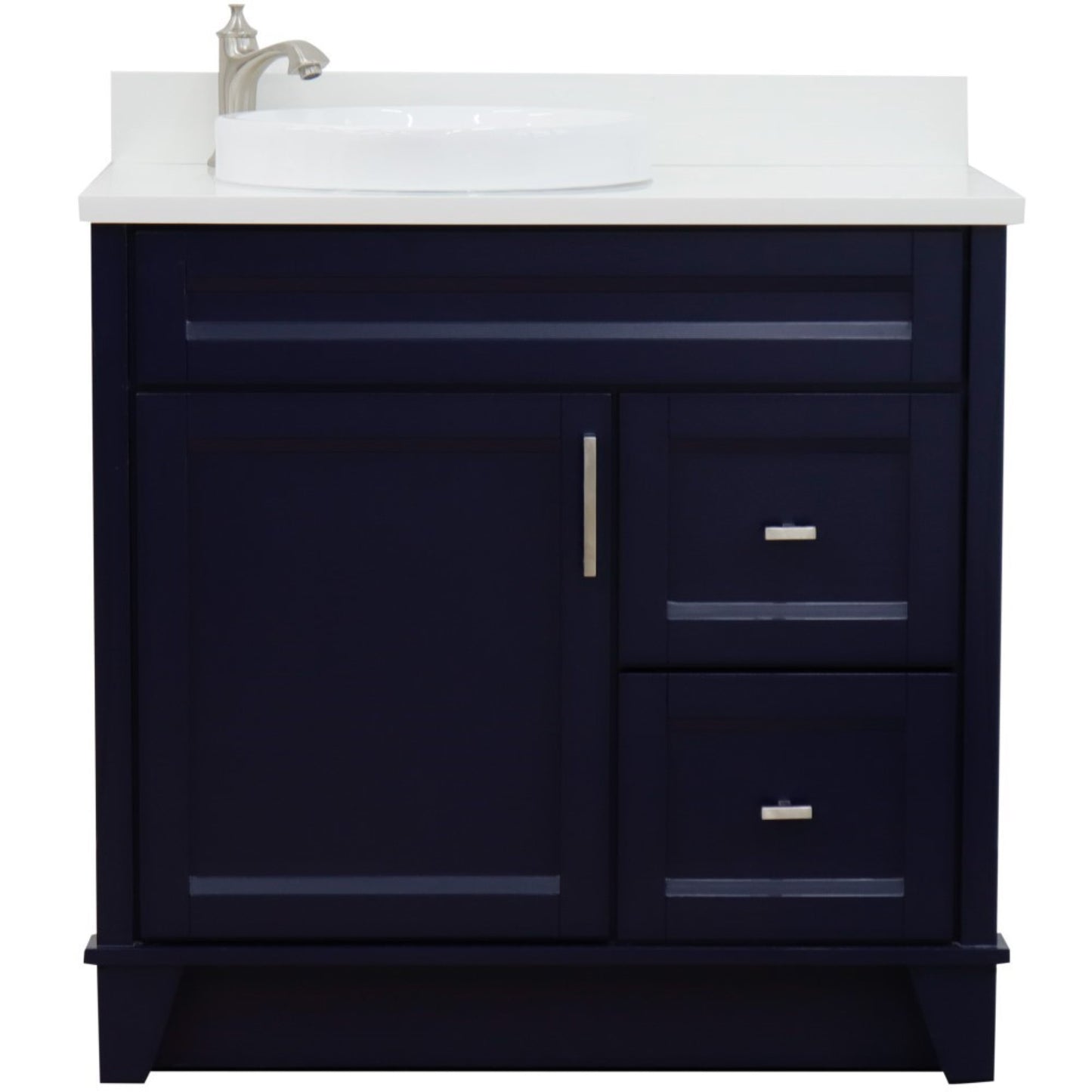 37" Single sink vanity in Blue finish with White engineered stone and Left door/Round Left sink
