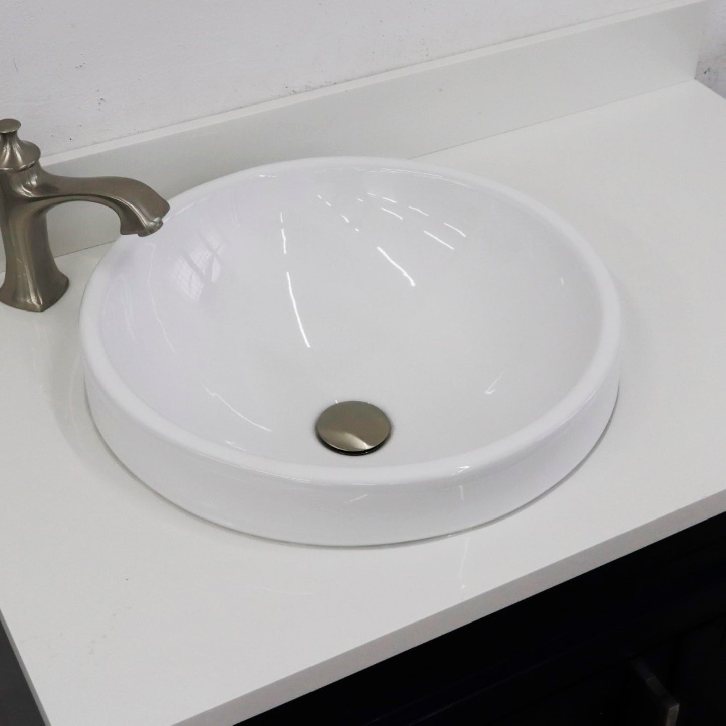 37" Single sink vanity in Blue finish with White engineered stone and Left door/Round Left sink