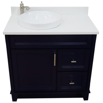 37" Single sink vanity in Blue finish with White engineered stone and Left door/Round Left sink