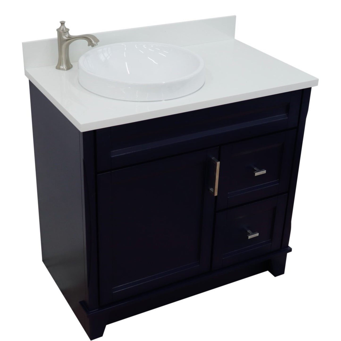 37" Single sink vanity in Blue finish with White engineered stone and Left door/Round Left sink