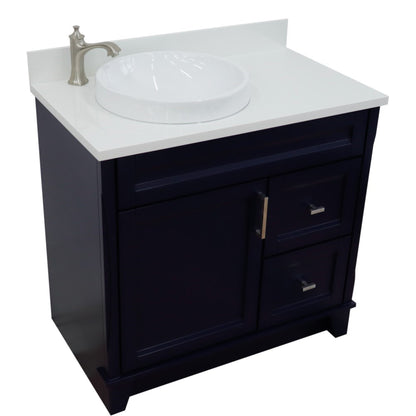 37" Single sink vanity in Blue finish with White engineered stone and Left door/Round Left sink