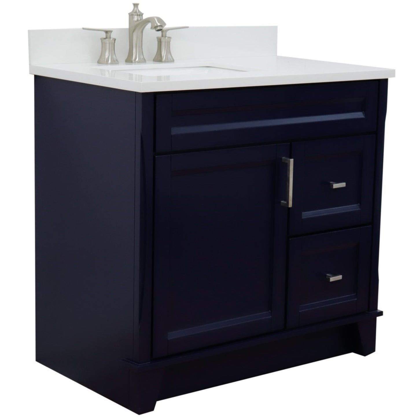 37" Single sink vanity in Blue finish with White engineered stone and Left door/Left sink