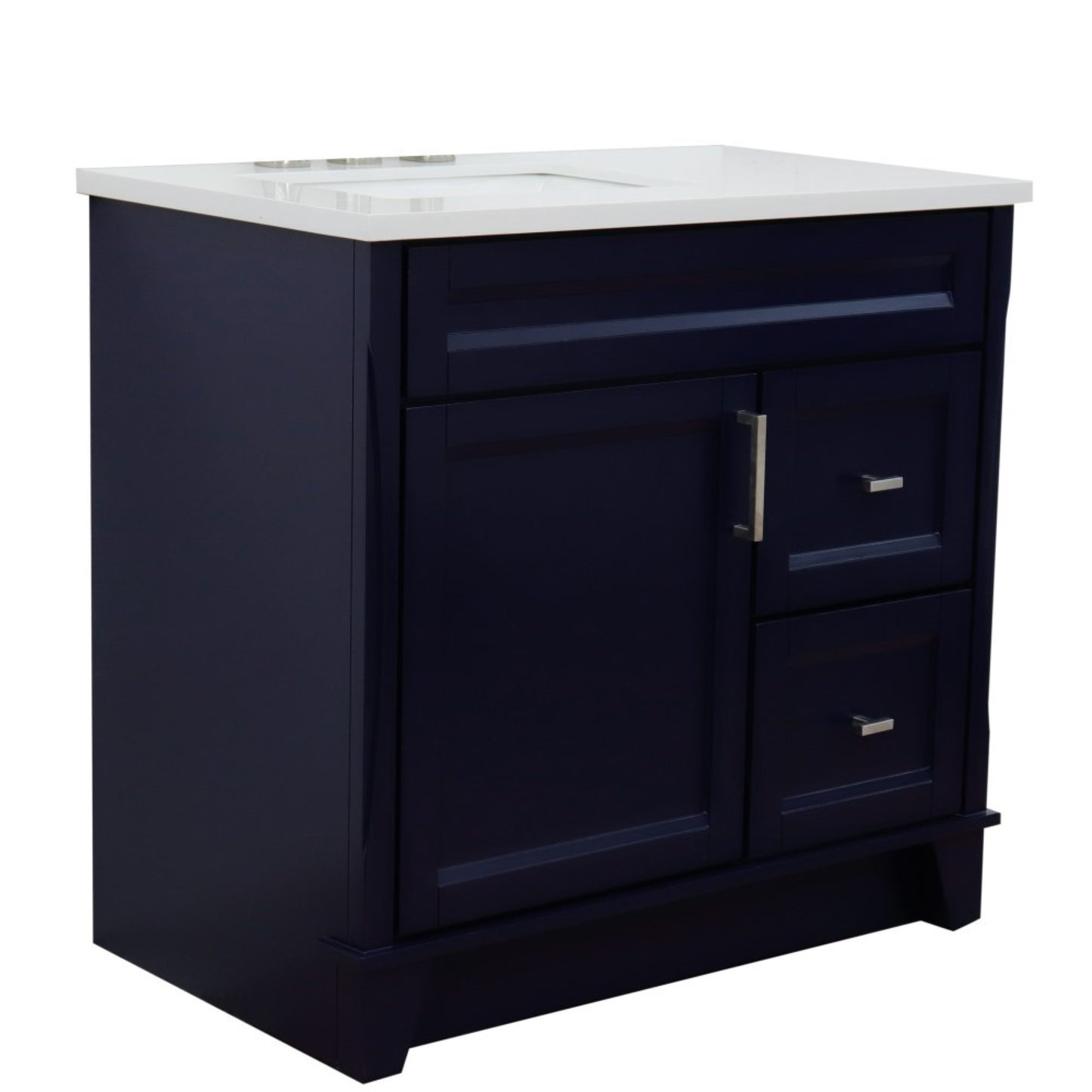37" Single sink vanity in Blue finish with White engineered stone and Left door/Left sink