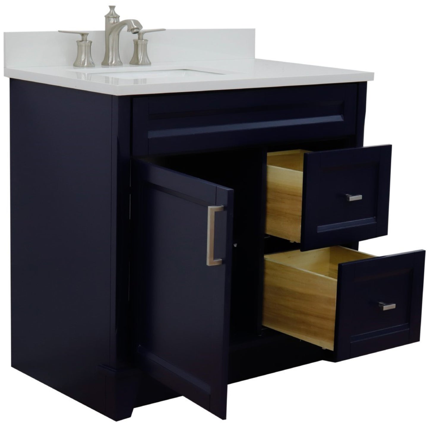 37" Single sink vanity in Blue finish with White engineered stone and Left door/Left sink