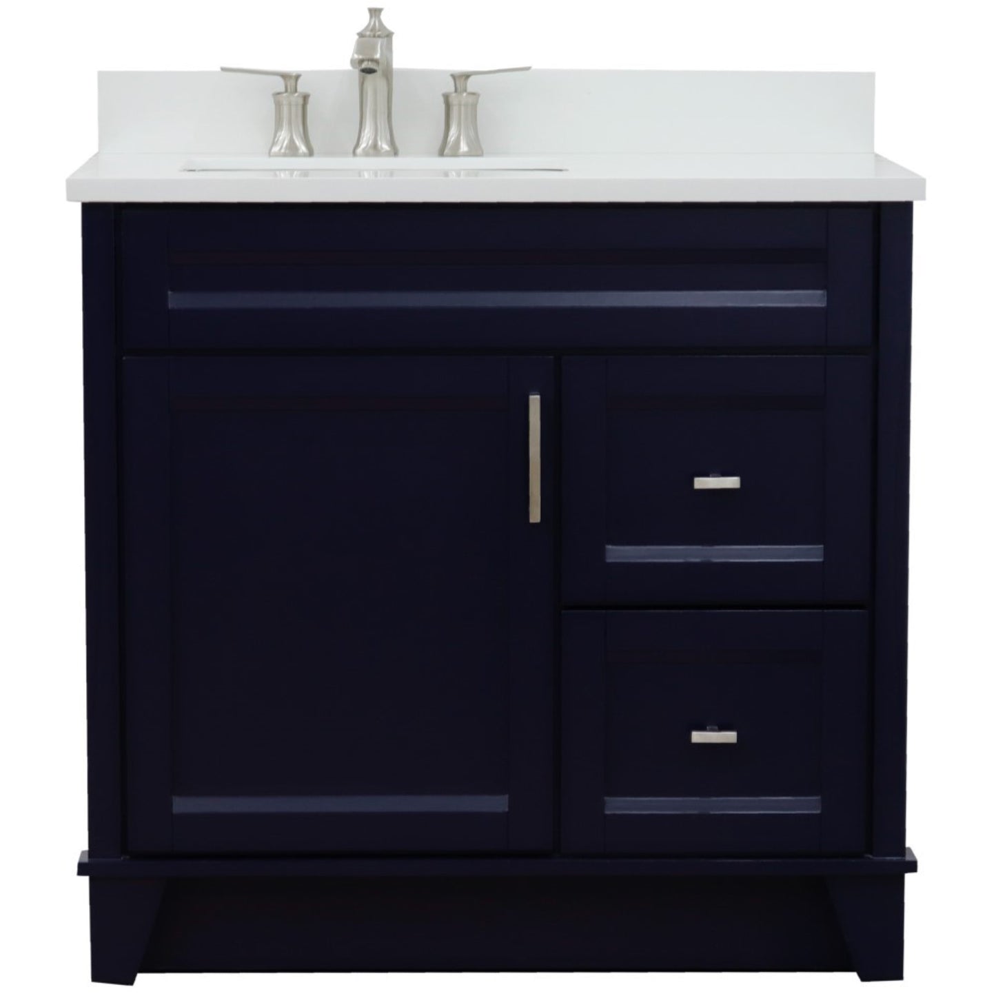 37" Single sink vanity in Blue finish with White engineered stone and Left door/Left sink