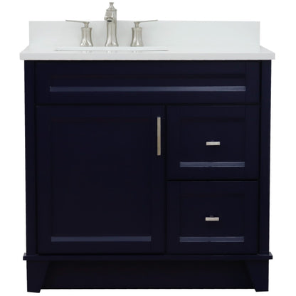 37" Single sink vanity in Blue finish with White engineered stone and Left door/Left sink