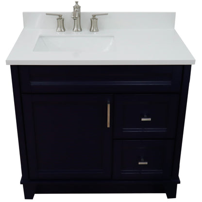 37" Single sink vanity in Blue finish with White engineered stone and Left door/Left sink