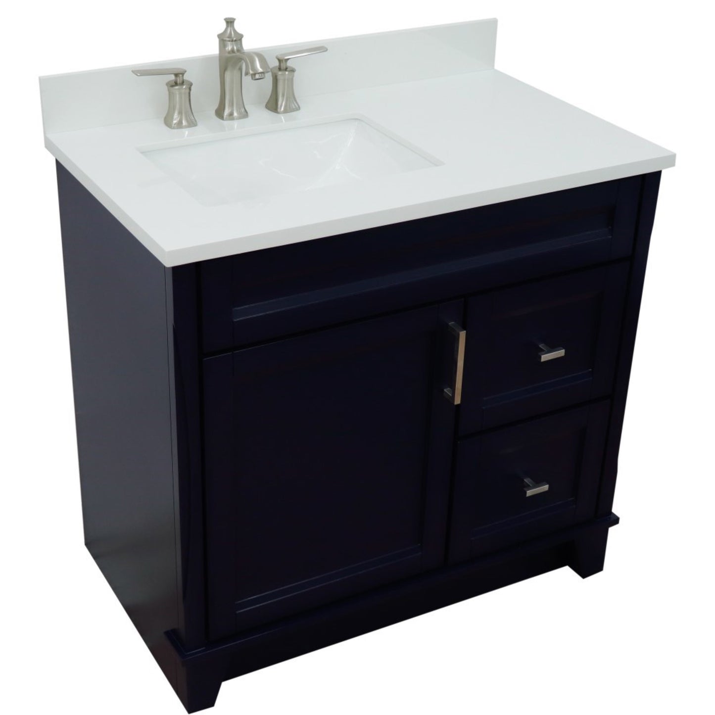 37" Single sink vanity in Blue finish with White engineered stone and Left door/Left sink