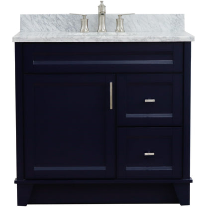 37" Single sink vanity in Blue finish with White Carrara marble and Left door/Center sink