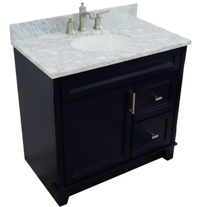 37" Single sink vanity in Blue finish with White Carrara marble and Left door/Center sink