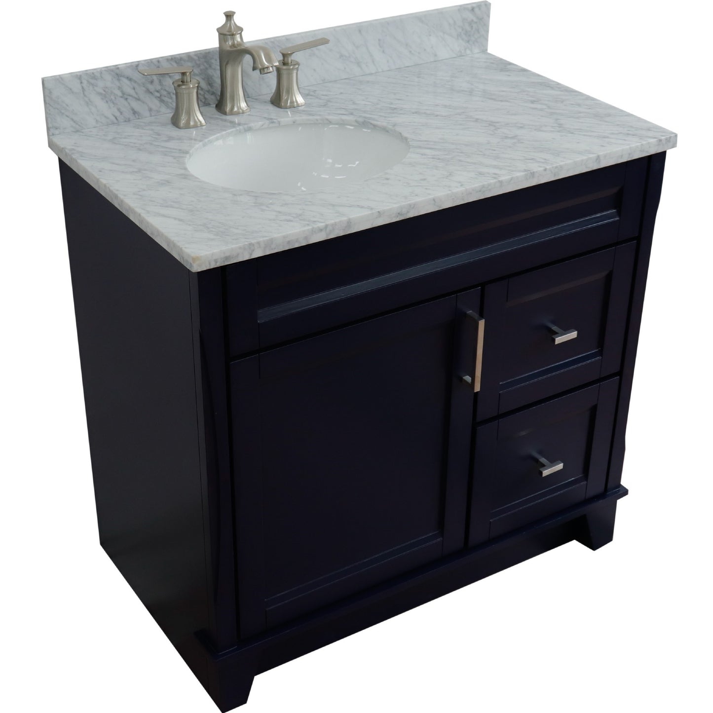 37" Single sink vanity in Blue finish with White Carrara marble and Left door/Left sink