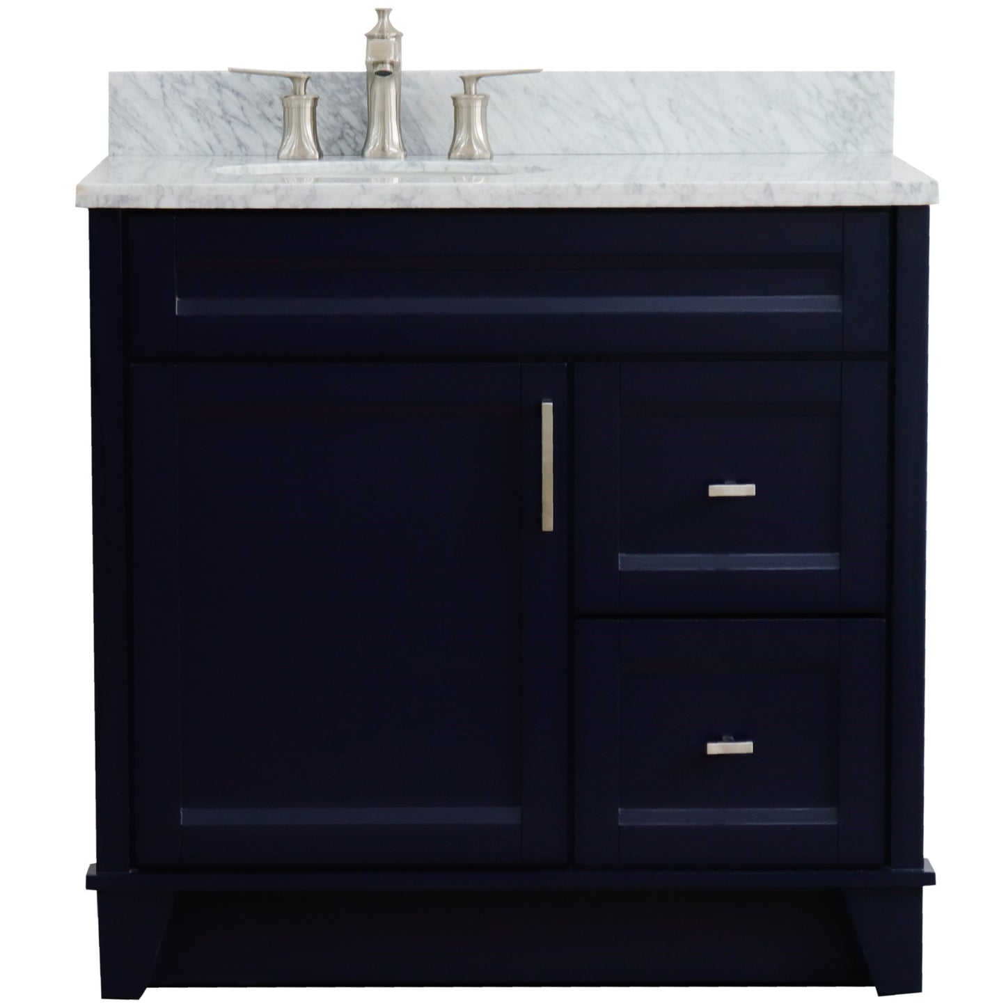 37" Single sink vanity in Blue finish with White Carrara marble and Left door/Left sink