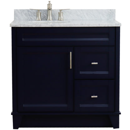 37" Single sink vanity in Blue finish with White Carrara marble and Left door/Left sink