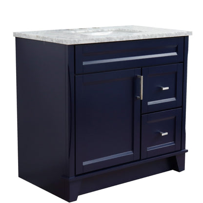 37" Single sink vanity in Blue finish with White Carrara marble and Left door/Center sink
