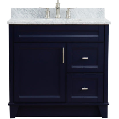 37" Single sink vanity in Blue finish with White Carrara marble and Left door/Center sink