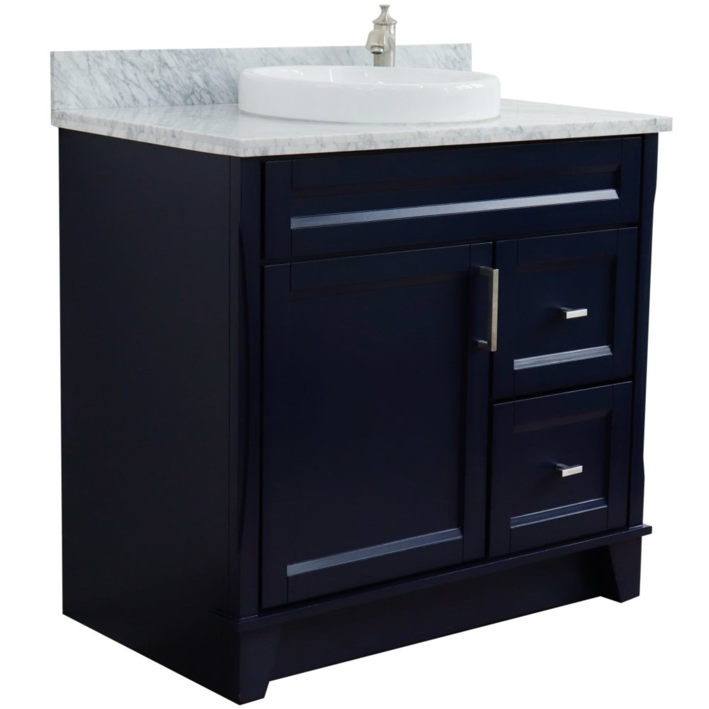 37" Single sink vanity in Blue finish with White Carrara marble and Left door/Round Center sink