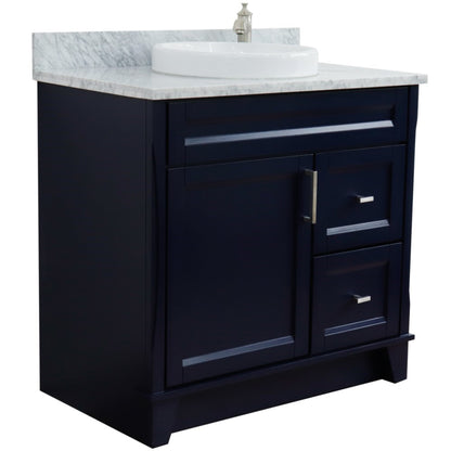 37" Single sink vanity in Blue finish with White Carrara marble and Left door/Round Center sink