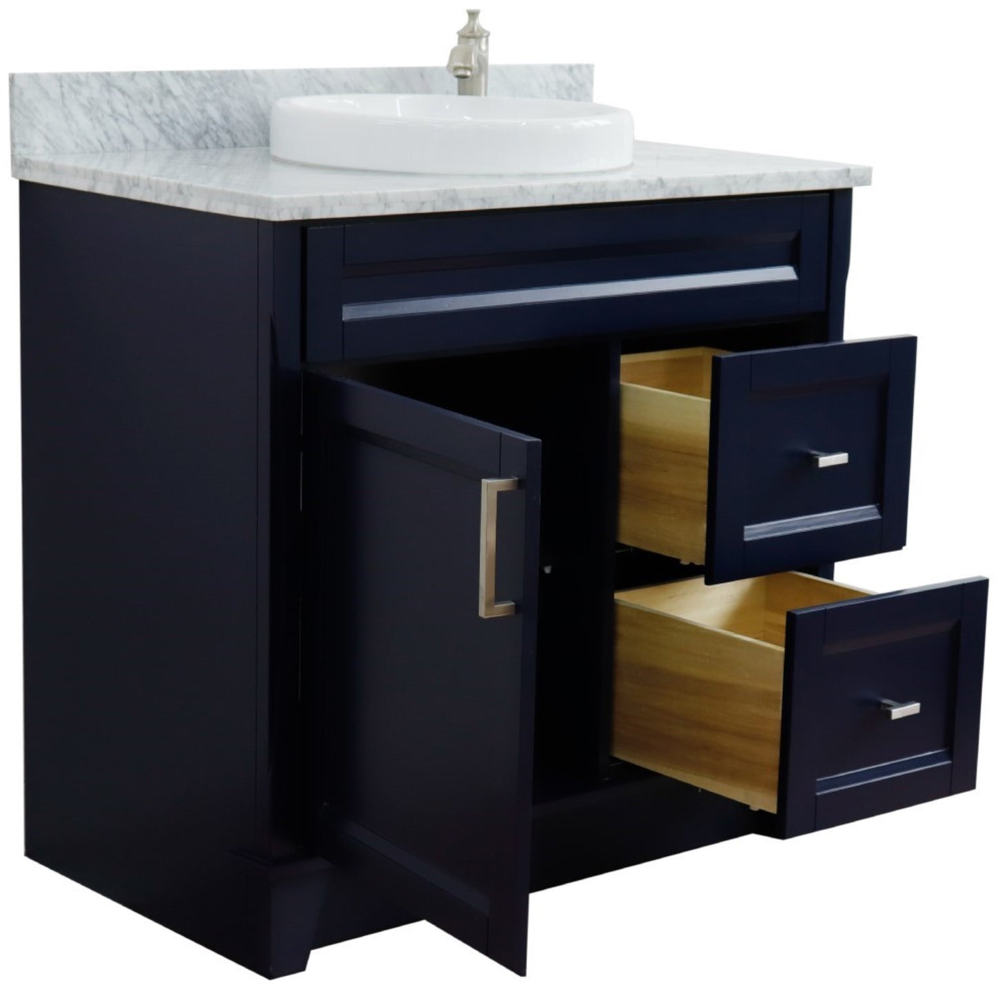 37" Single sink vanity in Blue finish with White Carrara marble and Left door/Round Center sink