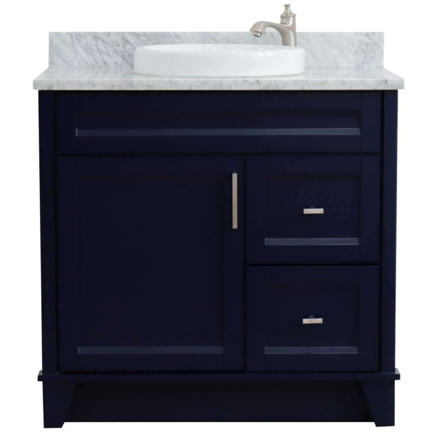 37" Single sink vanity in Blue finish with White Carrara marble and Left door/Round Center sink