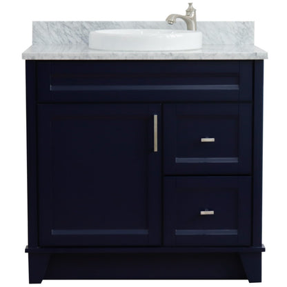 37" Single sink vanity in Blue finish with White Carrara marble and Left door/Round Center sink
