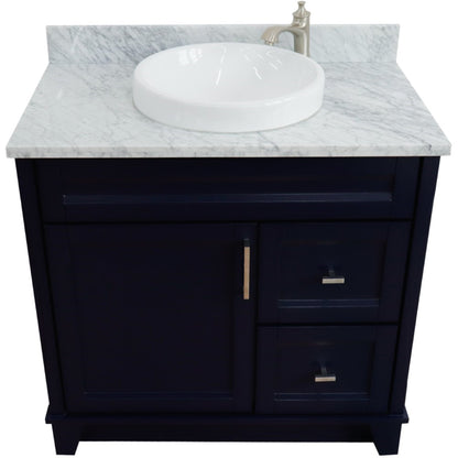 37" Single sink vanity in Blue finish with White Carrara marble and Left door/Round Center sink