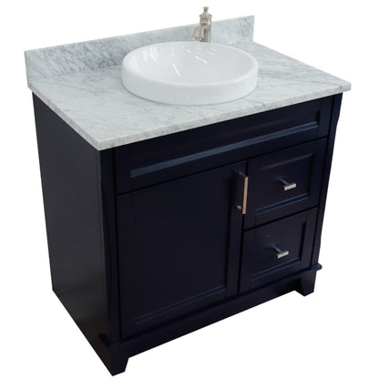 37" Single sink vanity in Blue finish with White Carrara marble and Left door/Round Center sink