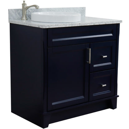 37" Single sink vanity in Blue finish with White Carrara marble and Left door/Round Left sink