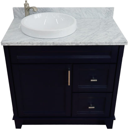 37" Single sink vanity in Blue finish with White Carrara marble and Left door/Round Left sink