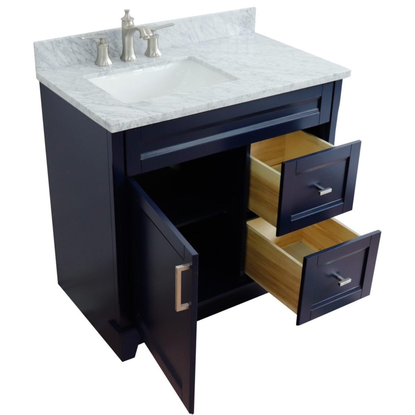 37" Single sink vanity in Blue finish with White Carrara marble and Left door/Left sink