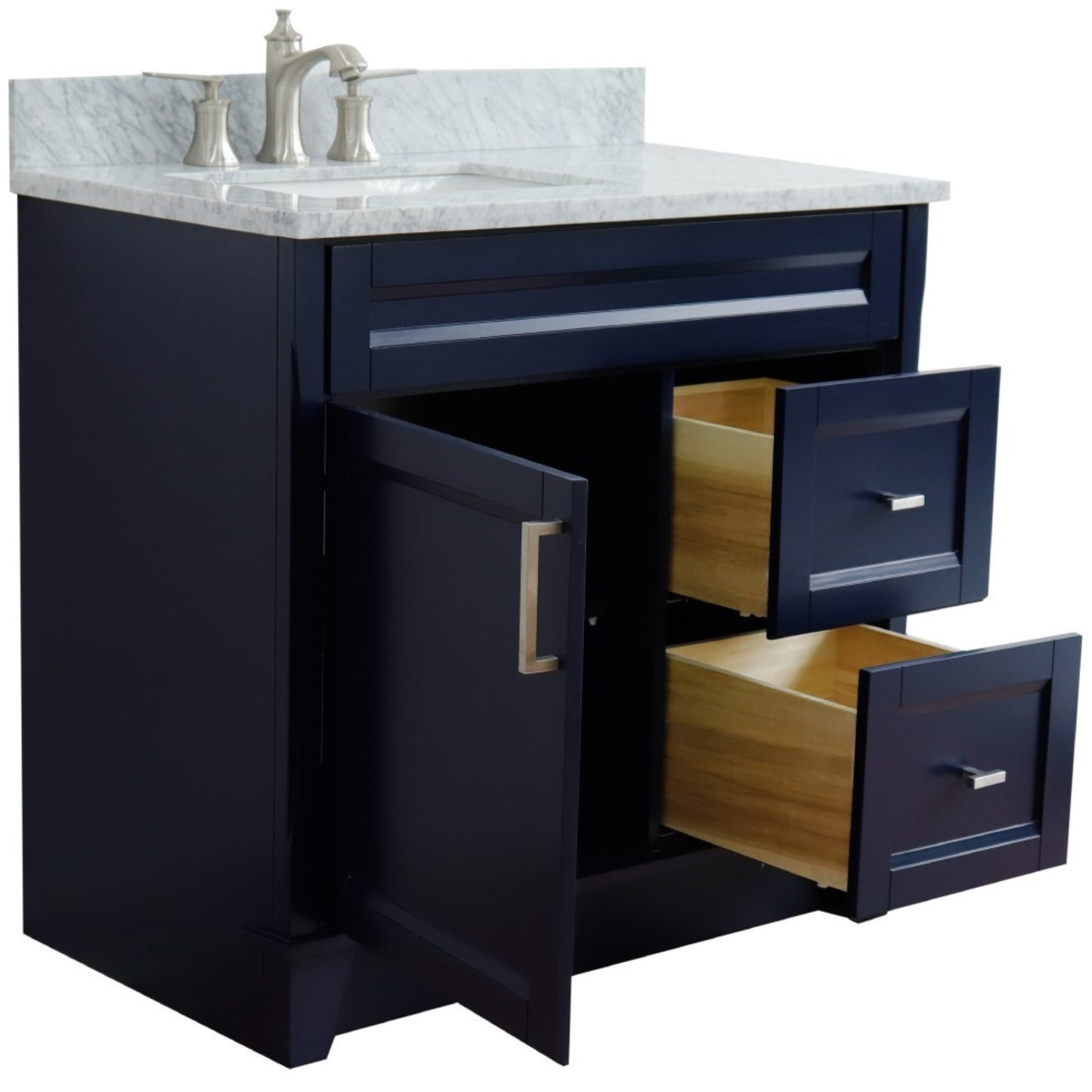 37" Single sink vanity in Blue finish with White Carrara marble and Left door/Left sink