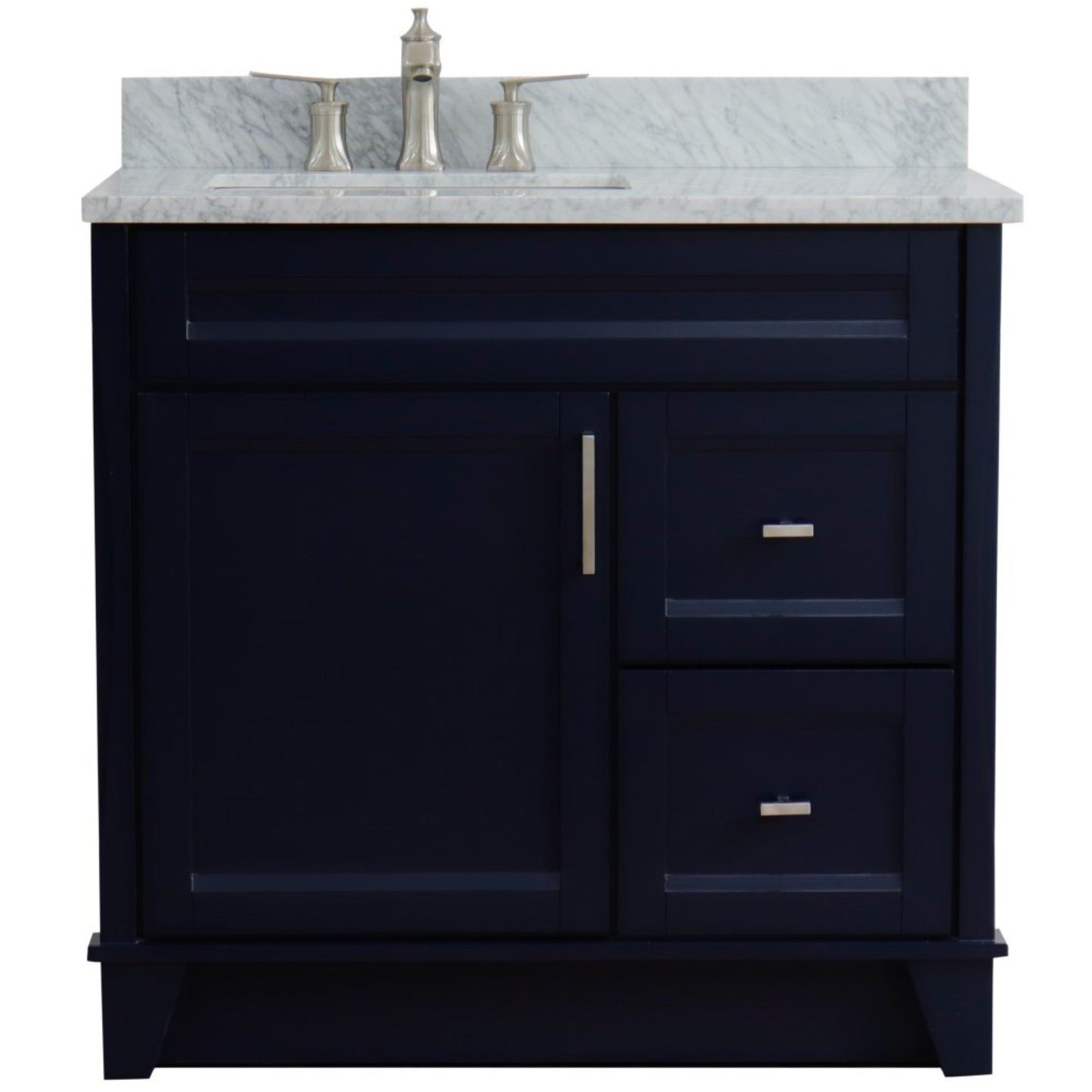 37" Single sink vanity in Blue finish with White Carrara marble and Left door/Left sink