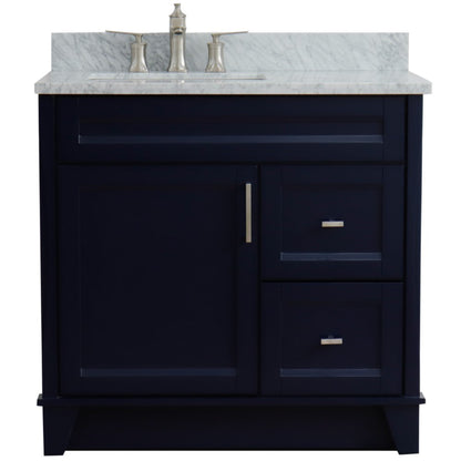 37" Single sink vanity in Blue finish with White Carrara marble and Left door/Left sink