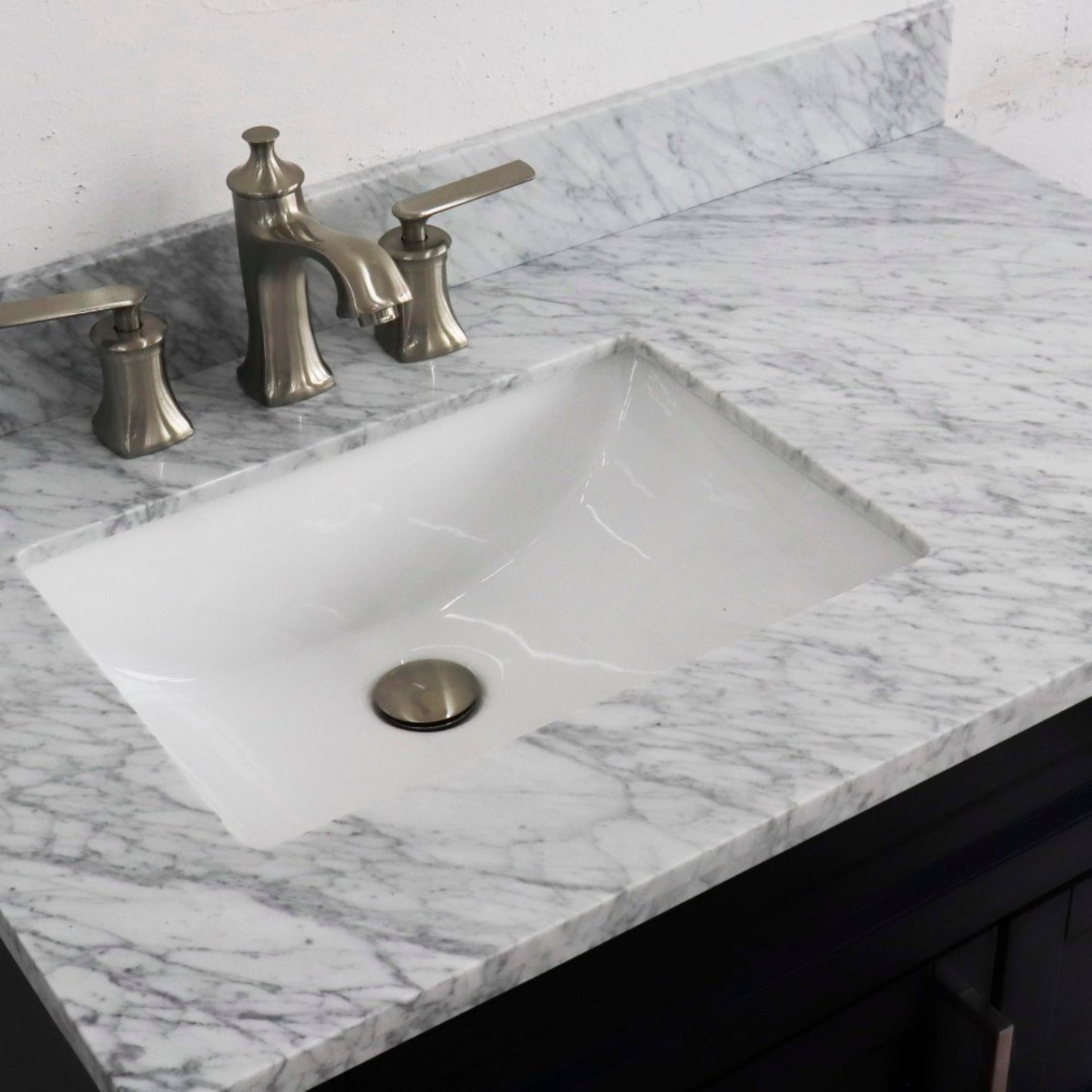 37" Single sink vanity in Blue finish with White Carrara marble and Left door/Left sink