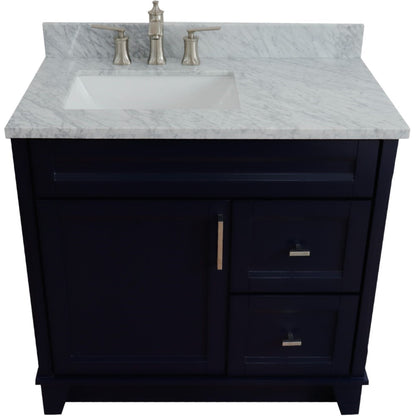 37" Single sink vanity in Blue finish with White Carrara marble and Left door/Left sink