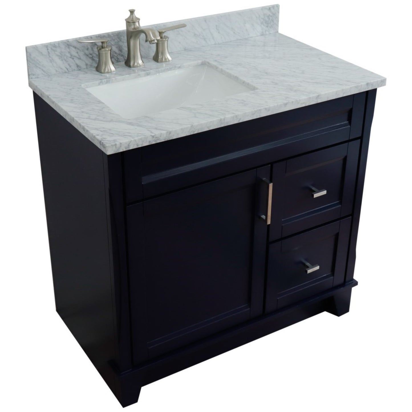 37" Single sink vanity in Blue finish with White Carrara marble and Left door/Left sink
