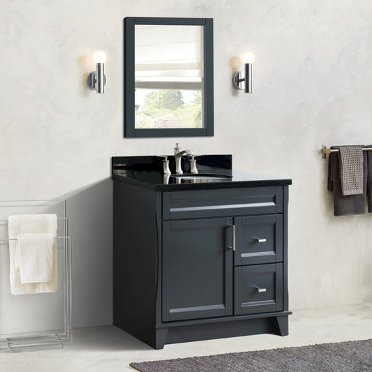 37" Single sink vanity in Dark Gray finish with Black galaxy granite and Left door/Center sink