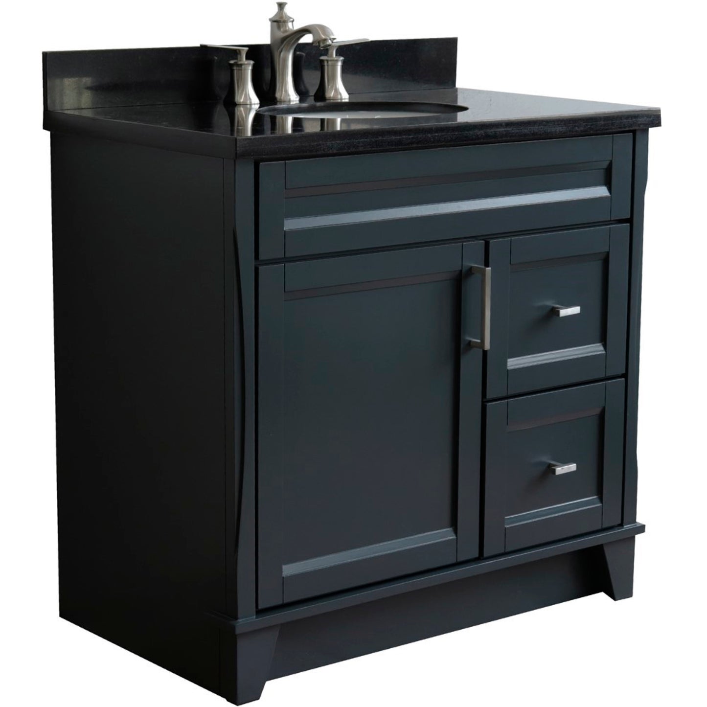 37" Single sink vanity in Dark Gray finish with Black galaxy granite and Left door/Center sink