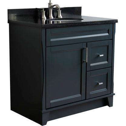37" Single sink vanity in Dark Gray finish with Black galaxy granite and Left door/Center sink