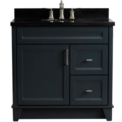 37" Single sink vanity in Dark Gray finish with Black galaxy granite and Left door/Center sink