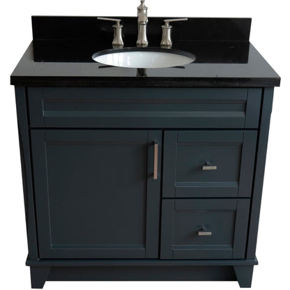 37" Single sink vanity in Dark Gray finish with Black galaxy granite and Left door/Center sink