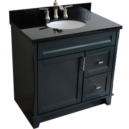 37" Single sink vanity in Dark Gray finish with Black galaxy granite and Left door/Center sink