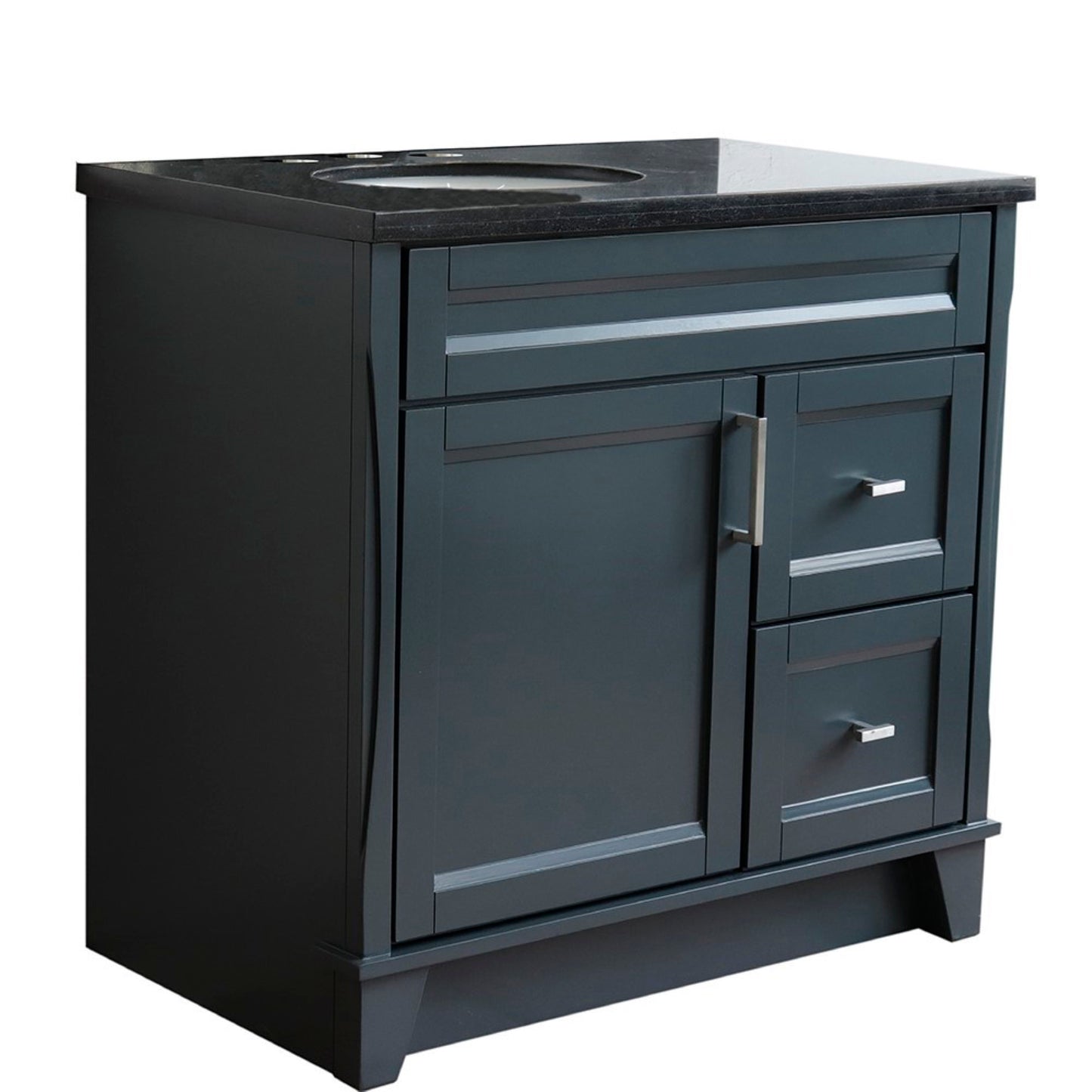37" Single sink vanity in Dark Gray finish with Black galaxy granite and Left door/Left sink