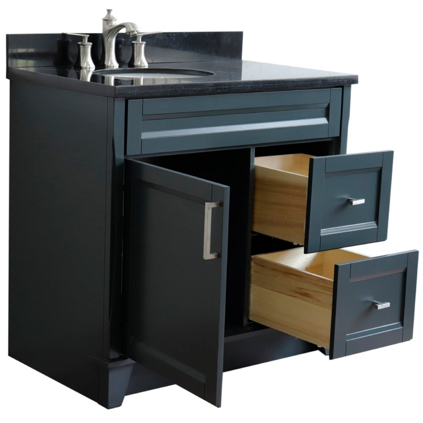 37" Single sink vanity in Dark Gray finish with Black galaxy granite and Left door/Left sink