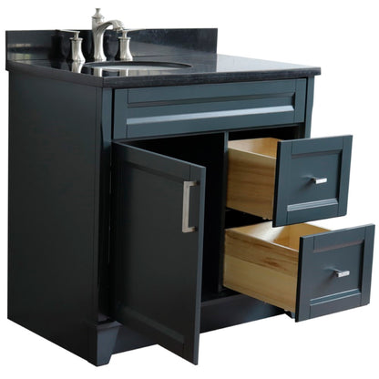37" Single sink vanity in Dark Gray finish with Black galaxy granite and Left door/Left sink